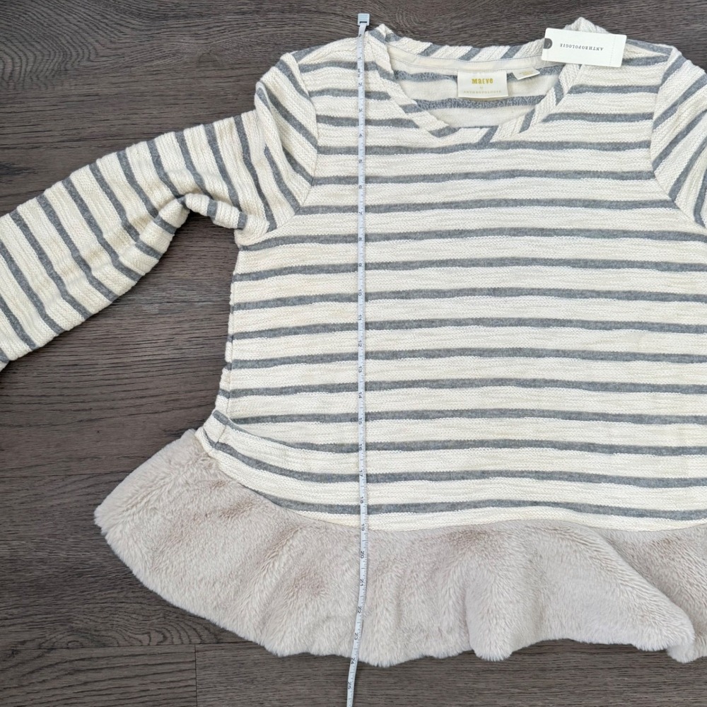 Anthropologie Maeve‎ Astor Fur-Trimmed Striped Pullover Sweater M White/Gray NWT - Picture 7 of 12